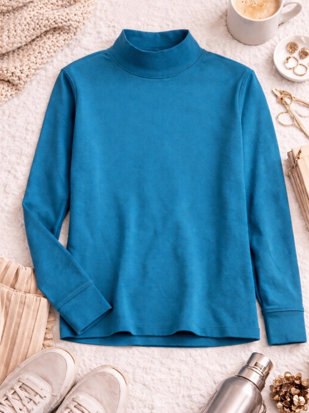 L.L. Bean Teal Mock Neck Long Sleeve Top Size Large Cotton Classic